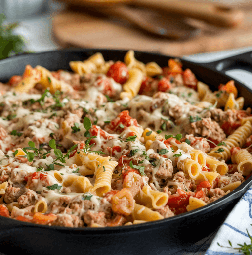 One-Skillet Cheesy Ground Chicken Pasta