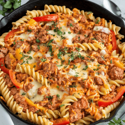 One-Skillet Cheesy Ground Chicken Pasta